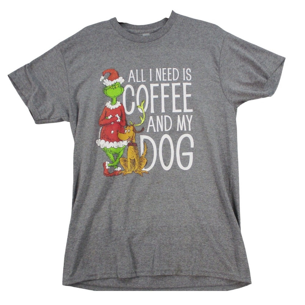 Gildan The Grinch Coffee And My Dog Christmas T-Shirt Mens Medium Gray Dr Seuss